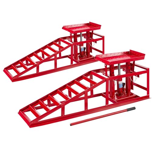 Arebos 2X Auffahrrampe mit hydraulischem Wagenheber | XXL PKW Hebebühne KFZ Rampe 245 mm Auffahrbreite | Auffahrbock Hebeplattform mit Sicherheits-/ Überdruckventil | Höhenverstellbar 2 T | Rot