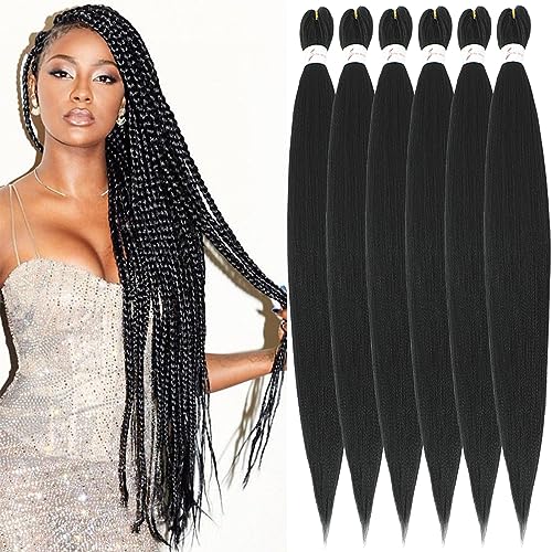 Xusuperb Pre Stretched Braiding Haare #1B Black 30 Zoll Easy Braids Extensions Schwarz Kunsthaar zum Einflechten 6 Packs Knotless Vorgedehntes Flechthaar Kanekalon Yaki Flechten Haarverlängerungen(1B)