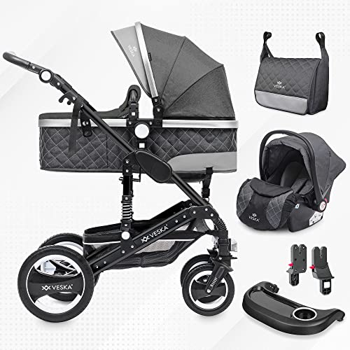 3 in 1 Kombi-Kinderwagen inkl. Babyschale, Buggy, Jogger mit Wickeltasche, Moskitonetz, Regencover, Spieltisch, Autoschale Fußsack, QuickFold, Aluminiumrahmen (Schwarz - anthrazit/anthrazit)