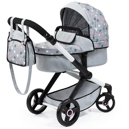 Bayer Design 17007AA Puppenwagen Xeo mit Tasche, höhenverstellbarer Griff, Schwenkschieber, wandelbar als Puppenjogger, bewegliche Vorderräder, integrierter Korb, Grau, Weiß, Rosa