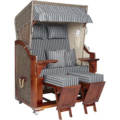 Webavita Strandkorb Mallorca Pinienholz | 2-Sitzer | Montiert mit Schutzhülle | Geflecht Grau, Bezug: Anthrazit Gestreift | Halblieger | Beach Chair für den Garten Terrasse Balkon