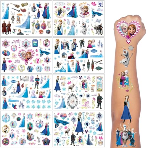 ROMANVIC Elsa Tattoo Kinder, 8 Blätt Frozen Temporäre Klebetattoos,Anna und Elsa Geschenke,180+ Frozen Tattoos für Kindergeburtstag Party Deko Hautfreundliche Temporäre Kindertattoos