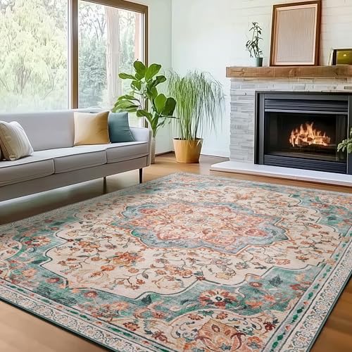 SONGMICS HOME Vintage Teppich, 80 x 150 cm, Wohnzimmerteppich, Schlafzimmerteppich, Waschbarerteppich, Rutschfester Teppich, für Küche, Flur, Esszimmer, aquamarinblau TAR037Q01