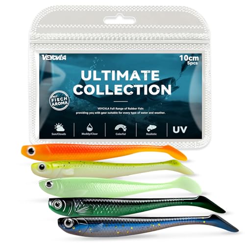 VEYCVLA Fishing Gummifische Zander Set 10 cm 5 Stück Farben Gummiköder Zander-Angeln-Softbait Angelköder,Gummi Fische Gummifisch Set -Gummifisch barsch Köder-Angel wundertüte gummifische