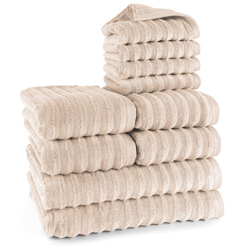 Pure Label 10-TLG. Handtücher Set mit Aufhängeschlaufen aus 100% Baumwolle, saugstark und weich - 2X Badetuch (70x140cm) 4X Handtuch (50x100cm) 4X Gästetuch (30x50cm), Beige