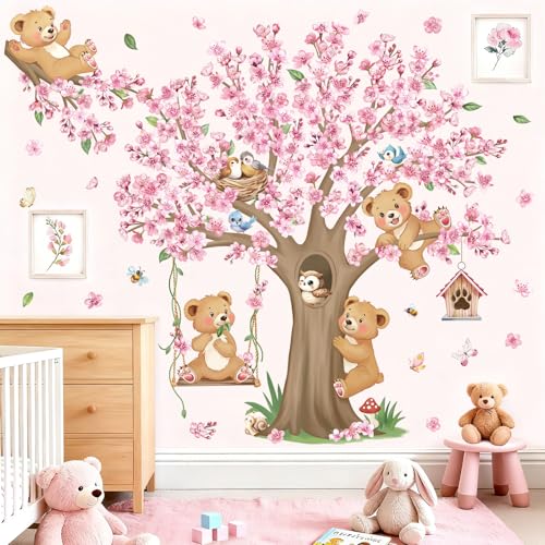 decalmile Wandsticker Waldtiere Baum Kirschblüte Groß Wandtattoo Bär Kirschbaum Blumen Rosa Wandaufkleber Mädchen Kinderzimme Babyzimmer Schlafzimmer Wanddeko
