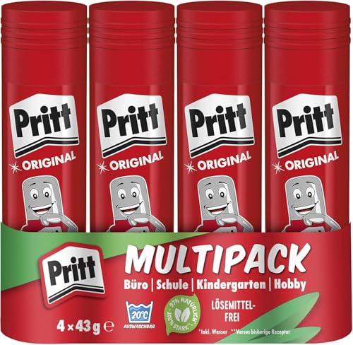 Pritt Klebestift, sicherer und kinderfreundlicher Kleber für Kunst und Bastelarbeiten, starker Klebstoff für Schule & Bürobedarf, 4x43g Pritt Stift
