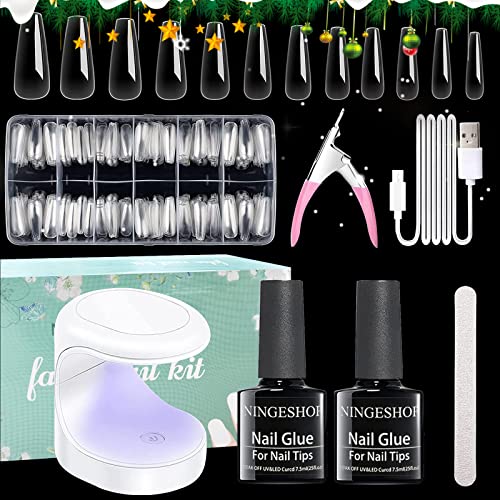 NINGESHOP Nageltips Starter Set, 600 Stück Soft Gel Vollabdeckung, 12 Größen Transparent, Gel-Nagelkleber Kit, Nagelverlängerung Mit Mini-Lampe, Nagelfeilen