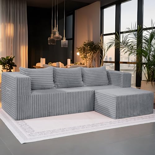 Meulbaty Modulares Ecksofa mit Schlaffunktion | L-Form Couch fürs Wohnzimmer | 3-Sitzer Sofabett (250x93 cm) | Eckcouch mit 3 Kissen | Moderne Schlafcouch,Grau