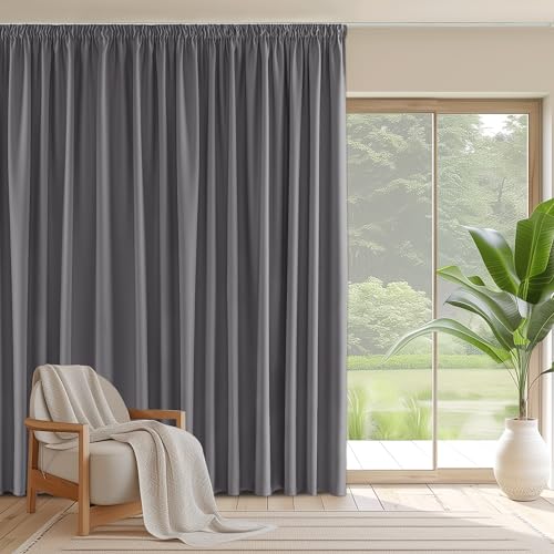 PONY DANCE Extra Breite Gardine Blickdicht Kräuselband Raumteiler Vorhang für Schiene 1er Set H 245 x B 300 cm Graue Verdunklungsvorhänge für Wohnzimmer/Schlafzimmer Thermogardine Hitzeschutz