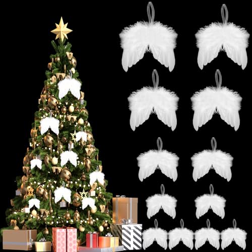12 Stück Weiß Engelsflügel Weihnachtsbaumschmuck, Federn Engelflügel zum Basteln Anhänger Weihnachtsdeko Ornament für Christbaumschmuck Weihnachten DIY Handwerk