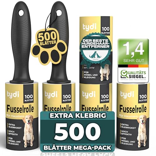 Tydi Fusselrolle Tierhaare – Extra Stark Klebende Fusselrolle Kleidung mit 2 Griffen – 500 Blätter Flusenroller Kleiderroller Fusselroller Tierhaare – Wiederverwendbare Nachfüllpack