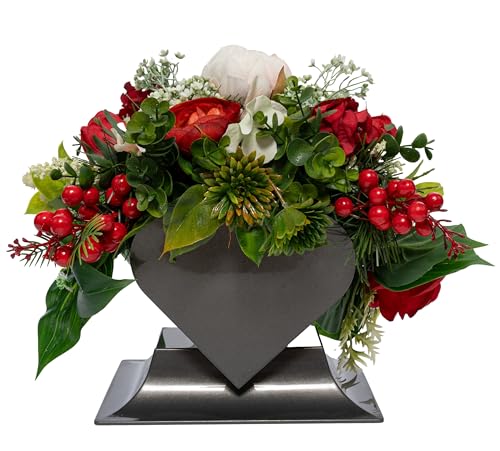 Grabgesteck aus Rosen Kunstblumen Friedhofsdeko in Herzvase künstlich 30cm hoch Grabdenkmal o. Gedenkstätte wie Echt (Rot)
