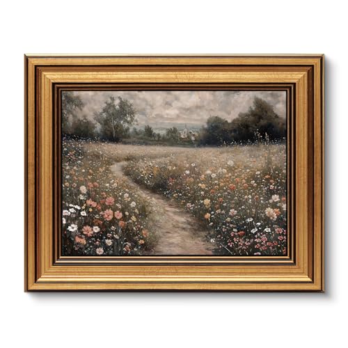 ARPEOTCY Vintage Goldener Rahmen Wandbilder Wohnzimmer, Wanddeko mit Landschaftsmotiven, Leinwand Bilder Wandbilder für Wohnzimmer & Schlafzimmer, Wildflowers 25L x 20W cm