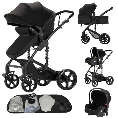 MoLi Kinderwagen 3 in 1, Kinderwagen mit Umkehrbarem Doppelschiebemodus, Buggy mit Großer Bequemer Babywanne, Kombikinderwagen 3 in 1 Rahmen Aluminiumlegierung Faltbar Hohe Landschaft (588 Black)