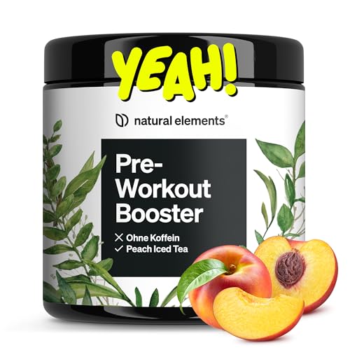 natural elements Pre-Workout Booster 420g – Zero Koffein – Peach Iced Tea Geschmack – mit Niacin, Ginseng & BCAA – vegan, koffeinfrei – in Deutschland produziert & laborgeprüft
