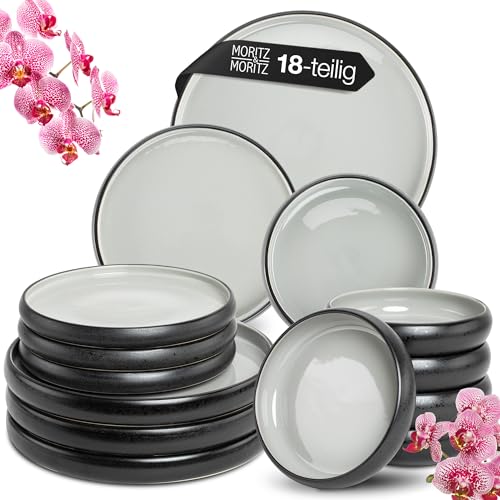Moritz & Moritz SOLID UNI Geschirrset 6 Personen Grau 18-teilig - Modernes Steinzeug Geschirr Set - Mikrowellen- & Spülmaschinenfest, Essgeschirr, Tafelservice, Kombiservice 6 Personen