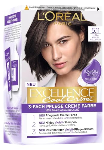 L'Oréal Paris Permanente Haarfarbe mit ultra kühlem Farbergebnis, 100% Grauhaarabdeckung, Set mit Coloration, Shampoo und Pflegecreme,Excellence Cool , Nr. 5.11 Hellbraun (Braun)
