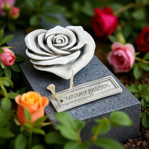 CULT at home Grabschmuck Rosen Herz „unvergessen“ – Grabdekoration Allerheiligen Steinherzen Grab Deko Grabstein – Rosenherz Gedenkstein fürs Grab Friedhof – aus Kunstharz Grau ca. 10 x 10 cm