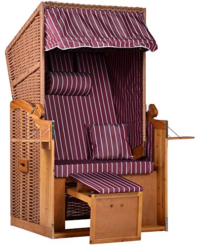 intergrill Strandschönheiten AVA Strandkorb Ostsee | 1-Sitzer Liege Beige Vollholzfront | Burgund Weiß gestreift | Für Balkon Terrasse Garten Wintergarten