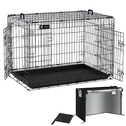 VOUNOT Hundekäfig Klappbar mit Abdeckung, Hundebox Auto Hundetransportkäfig mit Doppeltüren, 2 Transportgriffen & Bodenschale, XL 107x70 x78 cm, Schwarz