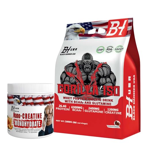 Black Hammer USA Isolate Whey Protein Pulver | 100% Whey Isolat – Schnell absorbierendes Eiweiß für Muskelaufbau & Regeneration+ GRATIS Creatine Geschenk (5000G+350G, Schokolade+Peach)