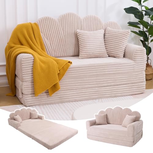 IRONCK Schlafsofa 2-Sitzer Sofa mit Schlaffunktion Boneless Sofa Bed aus Cord & Schaum, Sofabett 153x267cm, Klappbar Schlafcouch, 2 Kissen & Seitentaschen, Bettsofa für Wohnzimmer Schlafzimmer, Beige