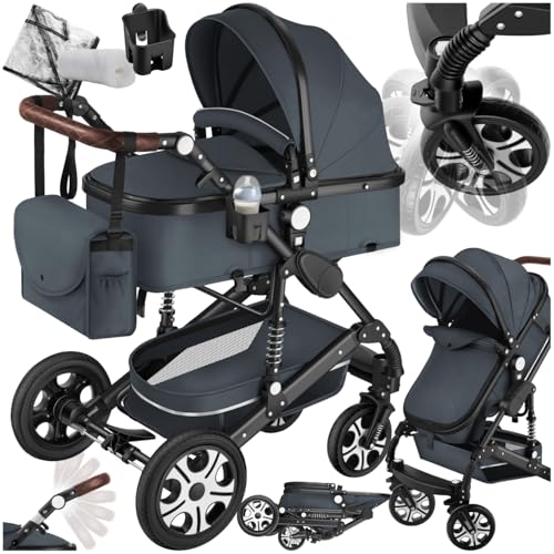 tectake® 2 in 1 Kinderwagen, klappbarer Kinderwagen Buggy mit Liegefunktion, mit Fußsack Buggy, Buggy mit Getränkehalter, herausnehmbarer Babywanne und Regenschutz - anthrazit