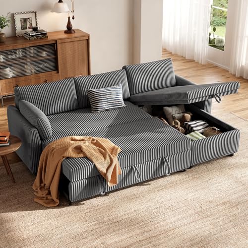 HOMRELEXA Ecksofa mit Schlaffunktion, Cord-Bezug Schlafcouch in L-Form, Schlafsofa Ausziehbar, Ausziehbares Sofa mit Stauraum, Umkehrbare Chaiselongue (Links oder rechts), Ideal fürs Wohnzimmer, Grau