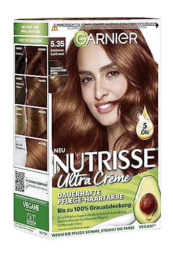 Garnier Nutrisse Dauerhafte Pflege-Haarfarbe mit nährenden Fruchtölen, Coloration mit 8 Wochen Halt, Ultra Crème Tönung, 5.35 Goldenes Rehbraun
