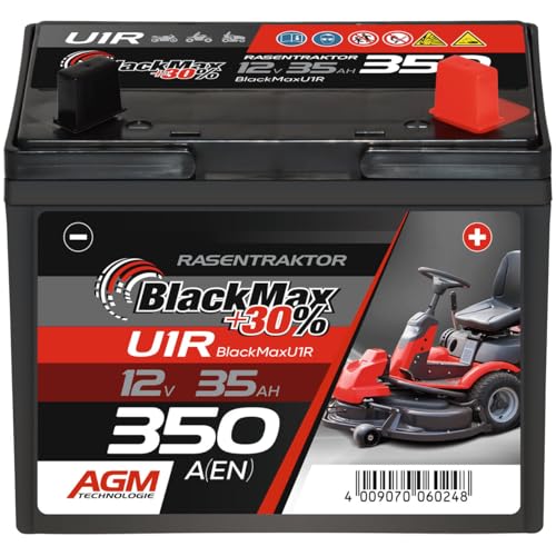 BlackMax Rasentraktor Batterie 12V 35Ah 350A (Pluspol rechts) - U1R-9 +30% Starterbatterie (12 Volt) für Aufsitzmäher und Rasenmäher-Traktoren - wartungsfrei & wiederaufladbar
