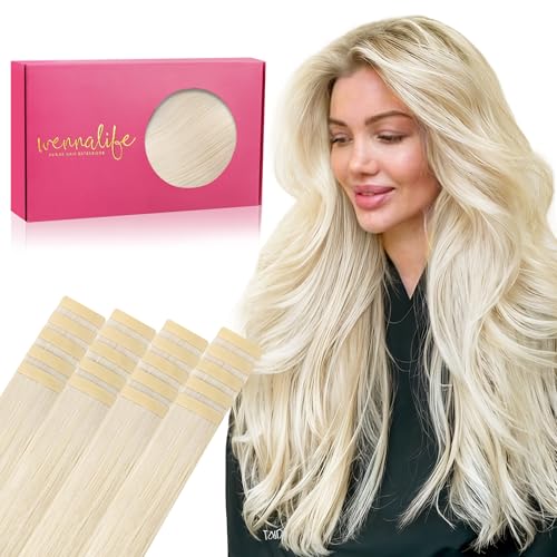 WENNALIFE Tape Extensions Echthaar, 20pcs 50g 35cm 14 Zoll Platinblond Remy Invisible, Seidig Gerade Echthaar Extensions Skin Weft Tape Ins