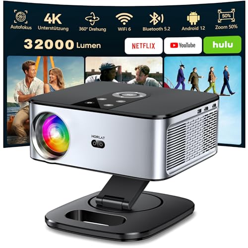 Beamer【Auto Fokus/Trapezkorrektur & 1200 ANSI】 HORLAT Beamer 4K Heimkino, Full HD 1080P WiFi 6 Bluetooth Projektor, 50% Zoom, Projektor Mit 360° Drehbarem Ständer für TV Stick/Smartphone