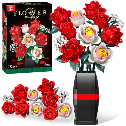 Ophy Rosenstrauß Bausatz mit Vase - 772 Teile Klemmbausteine für Kunstblumen wie echt, DIY Bastelset Erwachsene für Home Deko & Deko Wohnzimmer, Geschenke für Frauen zu Weihnachten & Valentinstag
