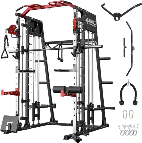 ZERELEK Smith Machine, Multipresse Power Rack mit Cabel Crossover Maschine, Power Cage mit 1000kg maximaler Belastung, Rot