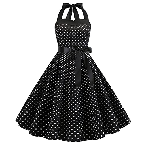 Vintage 50er Jahre Kleid Damen Retro Rockabilly Pin Up Elegant Kleid ohne Ärmel Rücken Ausschnitt Herz Polka Dot Trapez Hochzeit Cocktail Abendparty Zeremonie Casual Knie Midi S-XXL, Schwarz , Medium