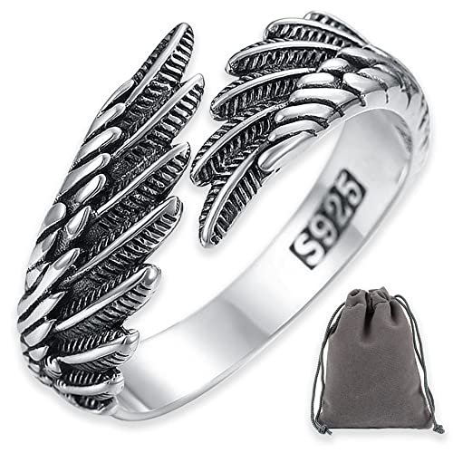 AIFUYUDM Ringe Verstellbar 925 Silber Feder Ringe Frauen Offene Ring Unisex Vintage Angel Ringe Engels Flügel Ring für Damen Frauen Geschenk personalisiert Verlobungsringe Eheringe mit Geschenkbox