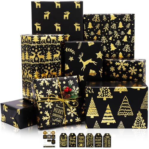 Schwarz Gold Geschenkpapier Weihnachten, 6 Bögen Schwarz Metallic Goldfolie Weihnachts-Geschenkpapier, Glitzer Weihnachten Geschenkpapier set mit Aufklebern und Geschenkanhänger, 50 cm x 70 cm