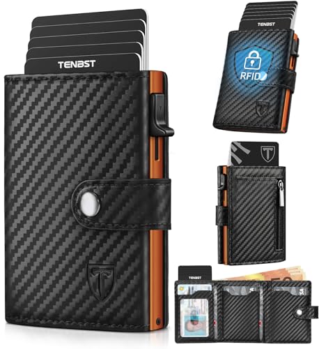 TENBST Geldbörse Herren mit Münzfach & RFID Schutz, Slim Wallet Kartenetui Klein, Portmonee Geldbeutel Herren, 10 Fächer für Kreditkarten Kreditkartenetui - Schwarz & Orange