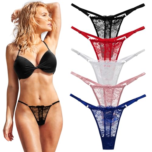 FUIPVGI 5er Pack Tanga Damen, Damen Spitze Unterhosen Sexy Unterwäsche, G String Tanga Damen, Niedriger Leibhöhe Sportbund Thongs for Women Dessous (5 Farben, Einheitsgröße)