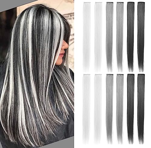 MQY COLOR 12 PCS Mehrfarbige Haarverlängerungen Clip in, Graue Haarteile Party Highlights DIY Graue Haarzubehör für Mädchen Frauen 21 Zoll Langes Haar (Grau, Dunkelgrau, Hellgrau)