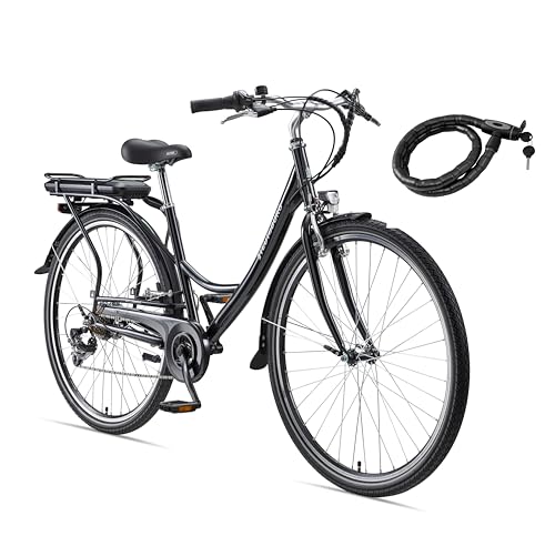 Teutoburg Senne Fahrrad Pedelec Citybike Elektrofahrrad schwarz, E-Bike 28 Zoll, 10,4 Ah/36V Lithium Ionen Akku, 7-Gang Kettenschaltung, inkl. Panzerkabelschloss