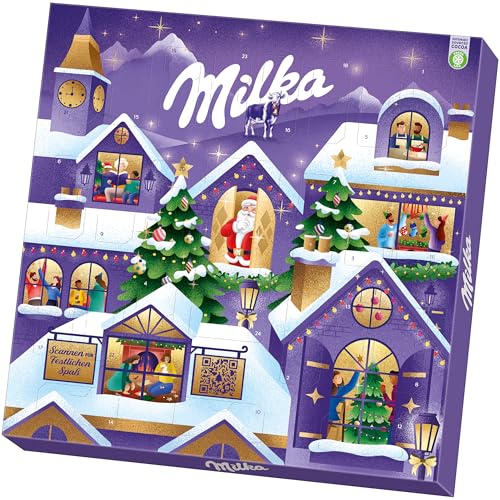 Milka Adventszauberkalender mit zarten Alpenmilch-Schokoladen und cremigen Füllungen – festliches Design mit winterlichem Dorfmotiv – 238g