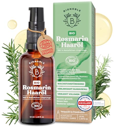 BIONOBLE Rosmarinöl Haare Bio - Fördert Haarwachstum, Verlangsamt Haarausfall, Kopfhaut Öl - Hair Oil mit Rosmarin Öl und Rizinusöl - Rosemary Oil for Hair Growth - Glasflasche, Pipette, Pumpe - 50ml