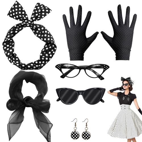 Errshing 8 Stück 1950er Accessoires Damen Set, Schwarz 50er Jahre Accessoires Elegant Rockabilly Accessoir Damen mit Stirnband Handschuhen Rock-Brille für Karneval Halloween Weihnachten Partytanz