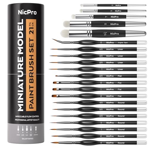 Nicpro Feine Pinselset Drybrush, 21-teiliges Miniatur Pinsel, Fein Detail Modellbau Malen Pinsel und Dry Brush für Acryl, Aquarell, Malen nach Zahlen, Modell, Figur, pinselset acrylfarben mit Behälte