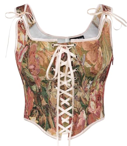SCARLET DARKNESS Renaissance Damen Vintage Weste Elegant mit Schnürung Öse Fishbone Mittelalter Mieder Rot Rosa Blumen 38