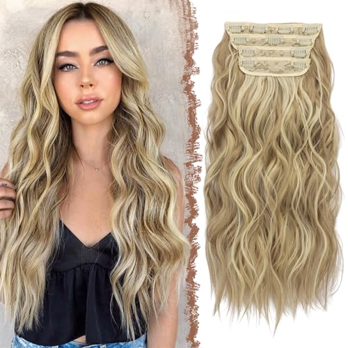 FESHFEN Clip in Extensions, 4PCS Haarverlängerungen mit Clips Synthetik Gewellte Haarextension Dreckiges Blond Clip in Haarteil für Frauen, 50 cm