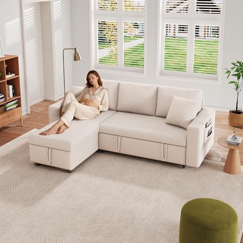 Merax Ecksofa mit Schlaffunktion, Praktisches Schlafsofa mit Bettkasten, L-Form Schlafcouch mit Stauraum und Seitentaschen, Moderne 3-Sitzer-Couch für Wohnzimmer und Schlafzimmer, Beige