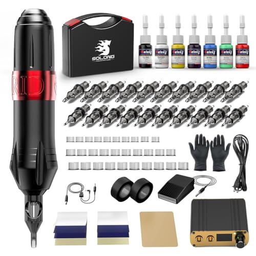 Solong Tattoo Hybrid Profi-Tattoomaschinen-Set Hochleistungsmotor, 20 Nadeln, Präzisions-LCD-Stromversorgung, Pedal, 7 Premium-Tinten & Tragekoffe EK129Q-1-EU